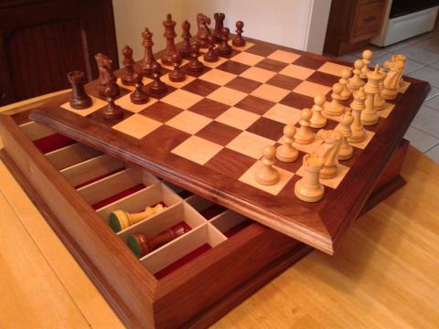 Contrasting maple and black walnut with compartment for chessmen storage